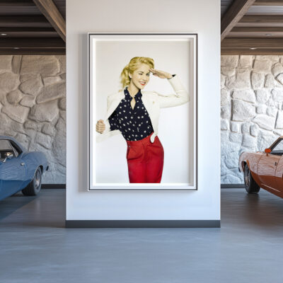 Framed portrait of Miss America Kristen Haglund, displayed in a modern room with classic cars, showcasing the elegance of Liäns Jadän's photography.