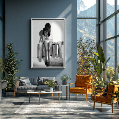 Framed print of 'Denim Noir' series in a modern living room by Lians Jadan Title: Denim Noir Art Display by Liäns Jadän