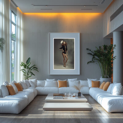 Framed portrait of 'Ethereal Elegance' by Liäns Jadän displayed in a modern, light-filled room.