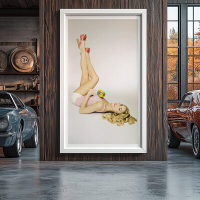 Framed artwork of Miss America Kristen Haglund in a vintage garage, by Liäns Jadän.