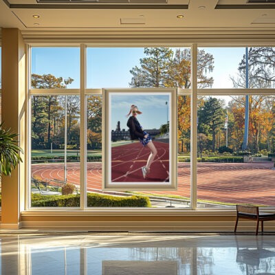 Framed portrait of 'Track Vibes' by Liäns Jadän, displayed in a modern space with large windows and a view of a track field.